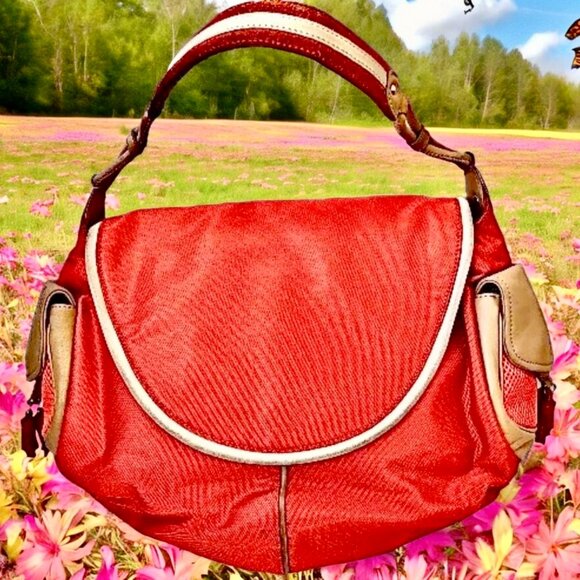 Cole Haan Shoulder Bag Hobo Flap Top Leather Trim orange nylon - Picture 3 of 14